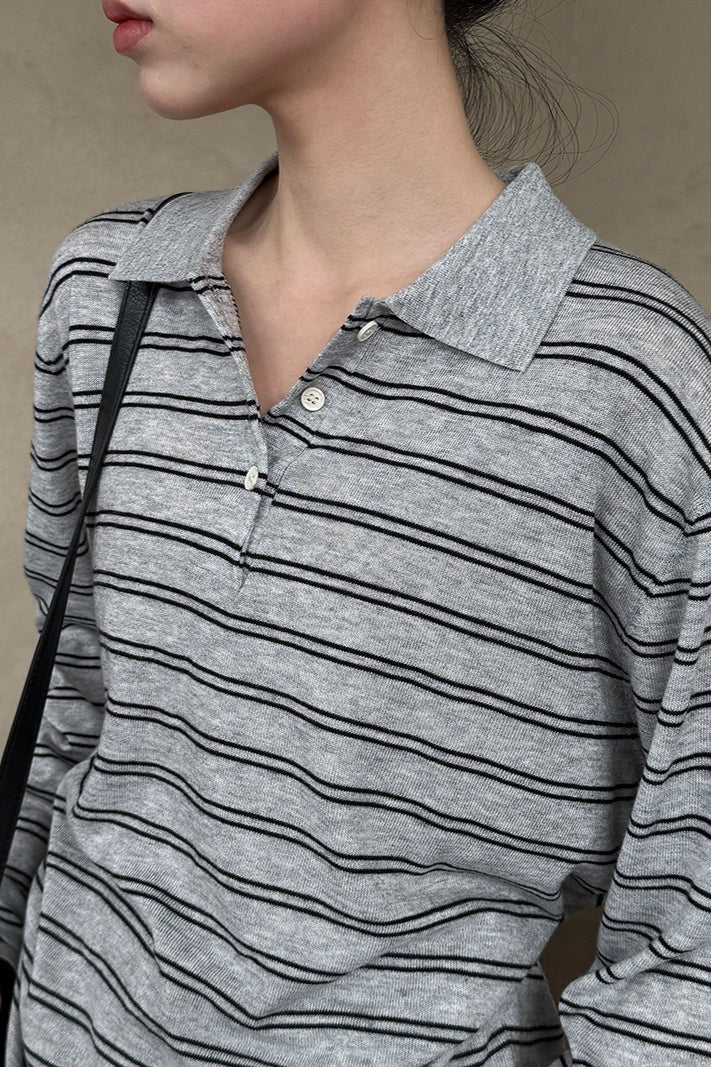 Soft Wool Striped Polo Collar Long Sleeve Long Sleeve Tee