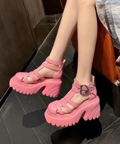Sandalias gruesas con aberturas y empalmes suaves de piel de vaca rosa 