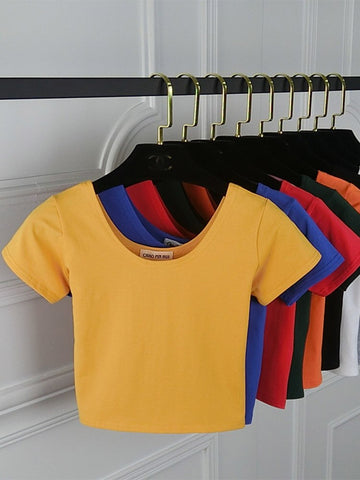 Solid Crop Top Women T-shirt Cropped Slim High Waist Short Sleeve Basic Summer Clothes Tops Woman Free Shipping Tee