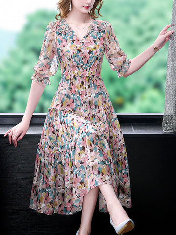 Vestido midi de seda natural con cuello en V y estampado floral de verano 