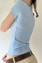 Basic Striped Knit Short Sleeve Slim Blouse