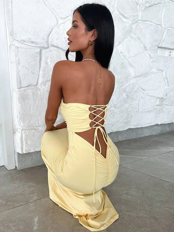 Party Dress Off The Shoulder Lace Up Pleated Sexy Maxi Dress