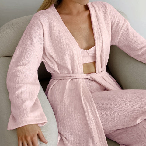 Pijama de punto sexy de otoño con tirantes, conjunto de tres piezas, cárdigan de manga larga, pantalones, ropa de casa para mujer 