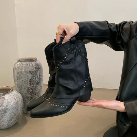 Damen Cowgirl-Stiefel, modisch, zum Reinschlüpfen, elegant, quadratischer Absatz, kurze Stiefel, Schuhe, Retro, Damen, Winterschuhe 