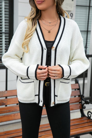Abrigo tipo suéter con cuello en V y bolsillos a juego de colores para mujer, talla grande 