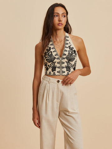 Camiseta sin mangas con cuello en V y estampado bordado 