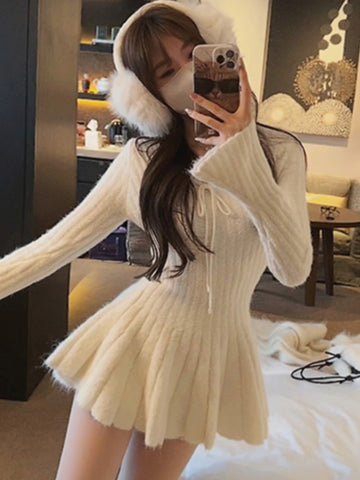 Vestido mini tipo suéter Y2K para mujer, con mangas acampanadas, cuello en V, cordones y cintura alta, liso, corte A, para fiesta de cumpleaños, Otoño e Invierno 