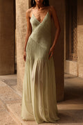 Pleaded Solid Split Elegant Maxi Dress