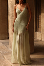 Pleaded Solid Split Elegant Maxi Dress