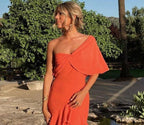 Elegantes, schulterfreies, langes Meerjungfrauen-Abendkleid mit Rüschen