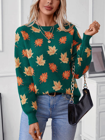 Suéter informal de jacquard con estampado de hojas de arce para mujer 