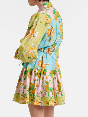 Exquisites Minikleid im Hemdstil mit mehrfarbigem Blumen-Patchwork-Print im Graffiti-Stil 