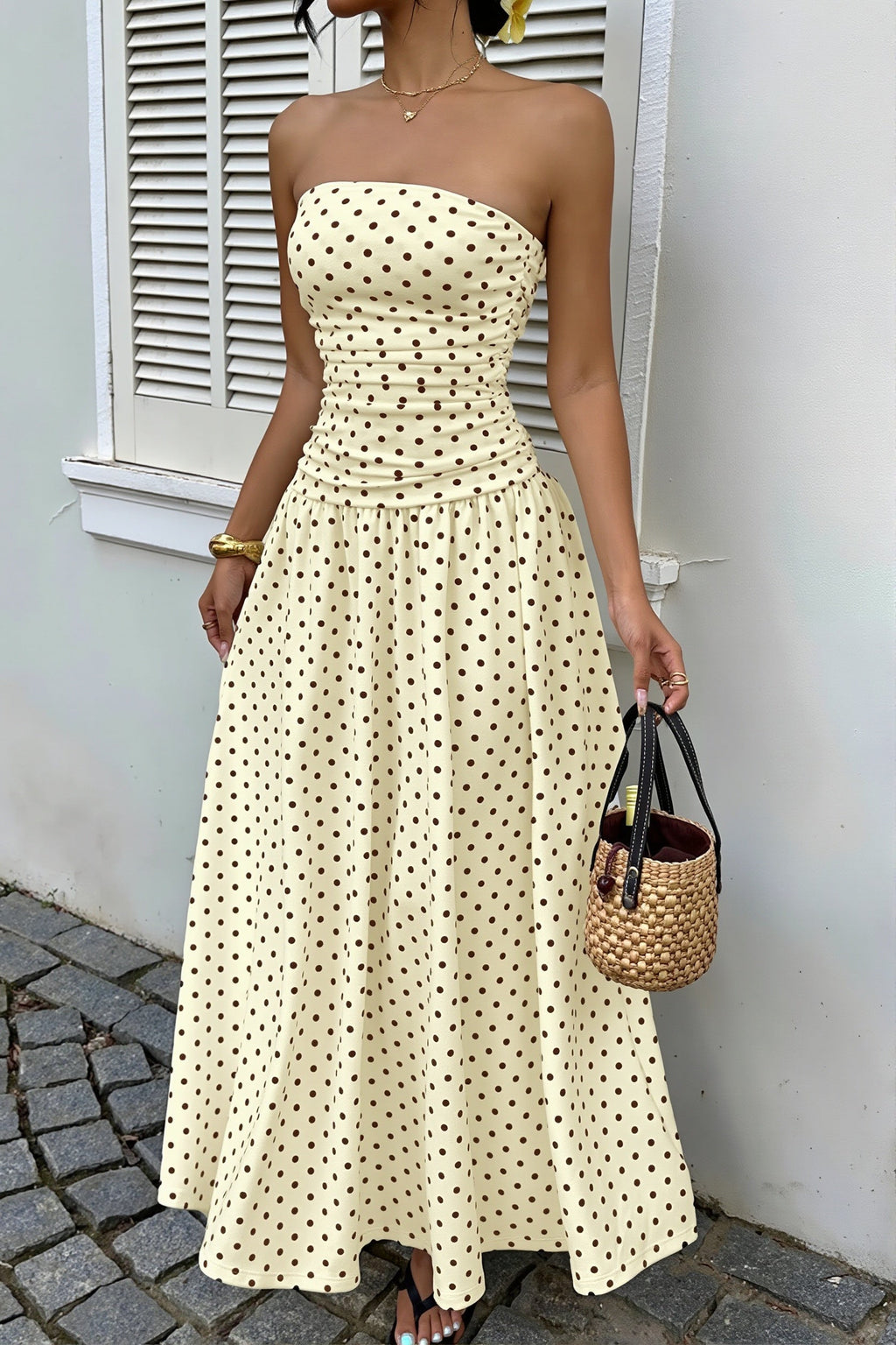 Polka Dot Strapless Sleeveless Ruffle Slim Maxi Dress