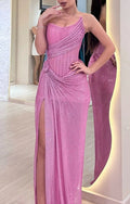 Sexy Column Floor-Length Prom Dresses High Slit Pleated Low Back Evening Gown