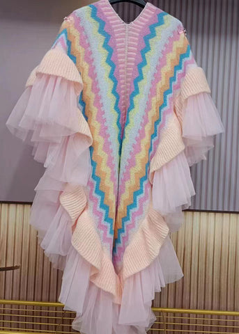 Bio-Rosa V-Ausschnitt gestreifter Tüll Patchwork Nagelperlen Strickcardigans Herbst 