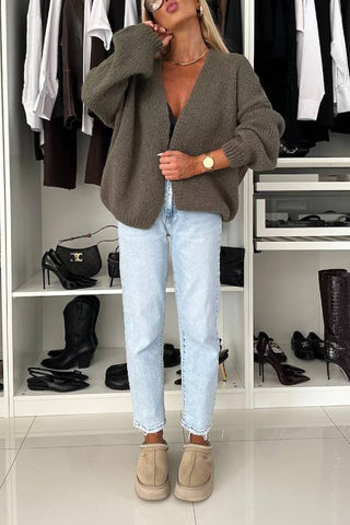 Explore Autumn Knit Open Front Long Balloon Sleeve Loose Cardigan