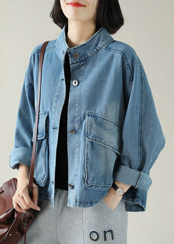 Abrigo vaquero de manga larga con cuello alto, botones y bolsillos grandes en azul de moda 