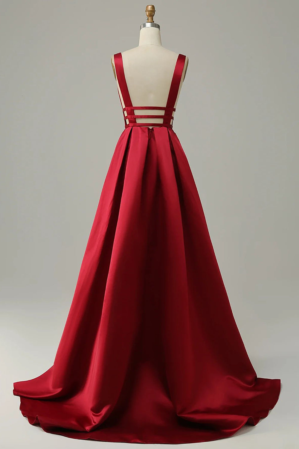 Langes, rotes A-Linien-Abendkleid mit tiefem V-Ausschnitt und rückenfreiem Design