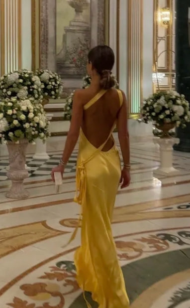 Sexy Open Silk Back One Shoulder Backless Maxi Dress