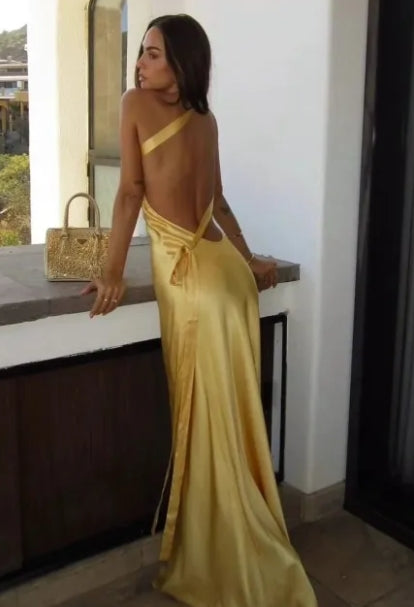 Sexy Open Silk Back One Shoulder Backless Maxi Dress