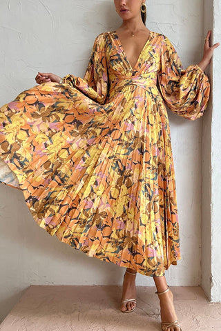 Vestido midi plisado con paraguas, mangas abullonadas y estampado floral caleidoscopio con brillo navideño 