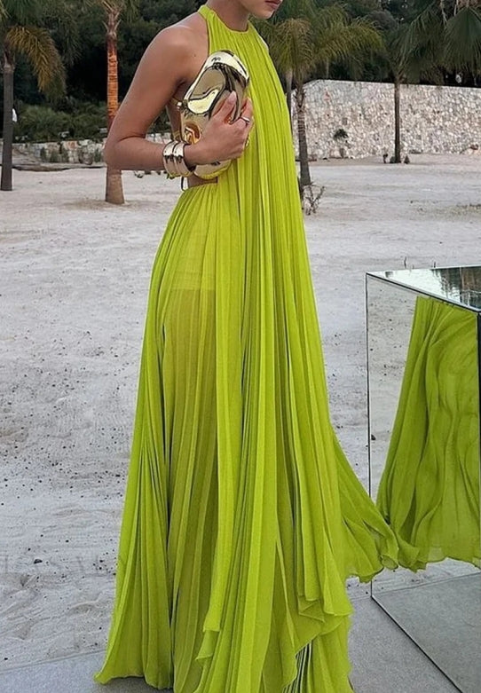 Elegante Halter Fruncido/Plisado Maxi Vestidos de Fiesta