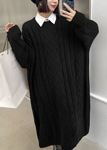 Edles, kaffeefarbenes, lässiges Jacquard-Pulloverkleid mit O-Ausschnitt für den Herbst 