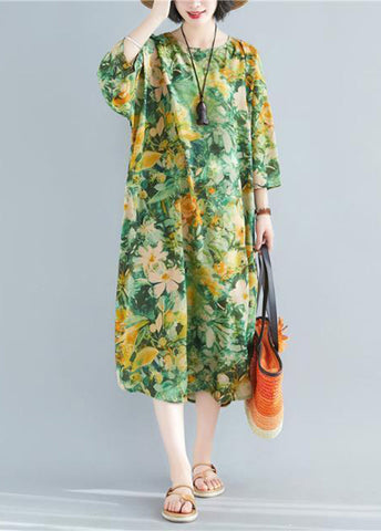 Plus Size Grünes Leinen-Robenkleid mit O-Ausschnitt und Armbandärmeln 