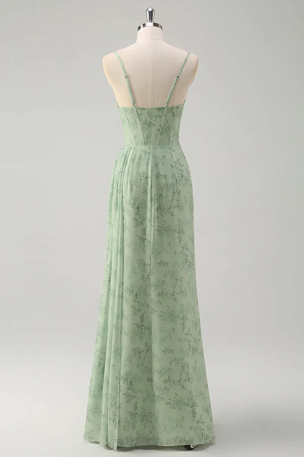 Artistic Floral Corset Ruched Long Prom Dress with Slit