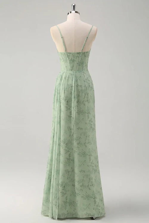 Artistic Floral Corset Ruched Long Prom Dress with Slit