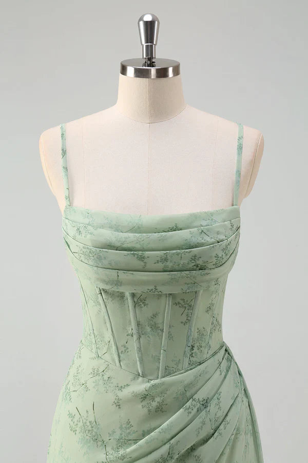 Artistic Floral Corset Ruched Long Prom Dress with Slit