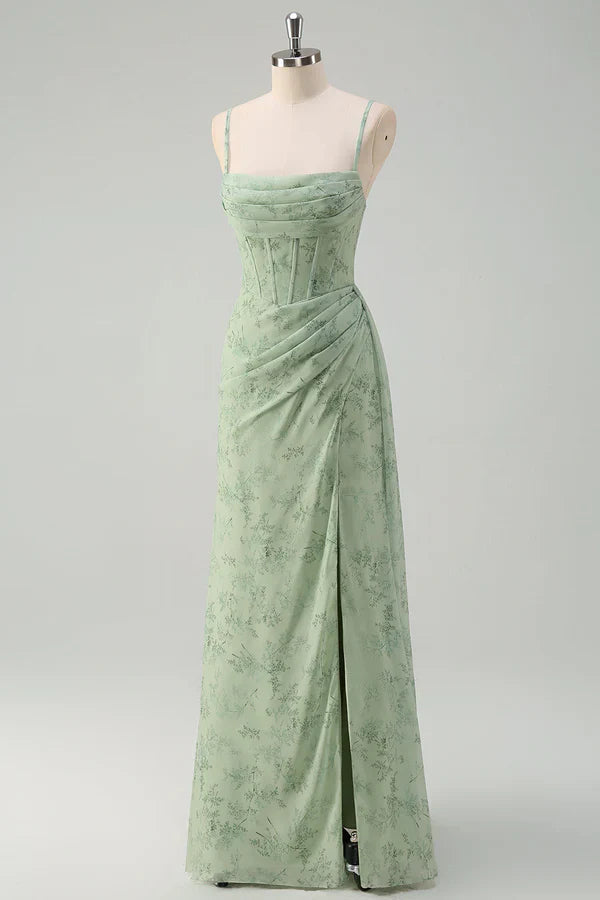 Artistic Floral Corset Ruched Long Prom Dress with Slit