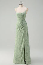 Artistic Floral Corset Ruched Long Prom Dress with Slit