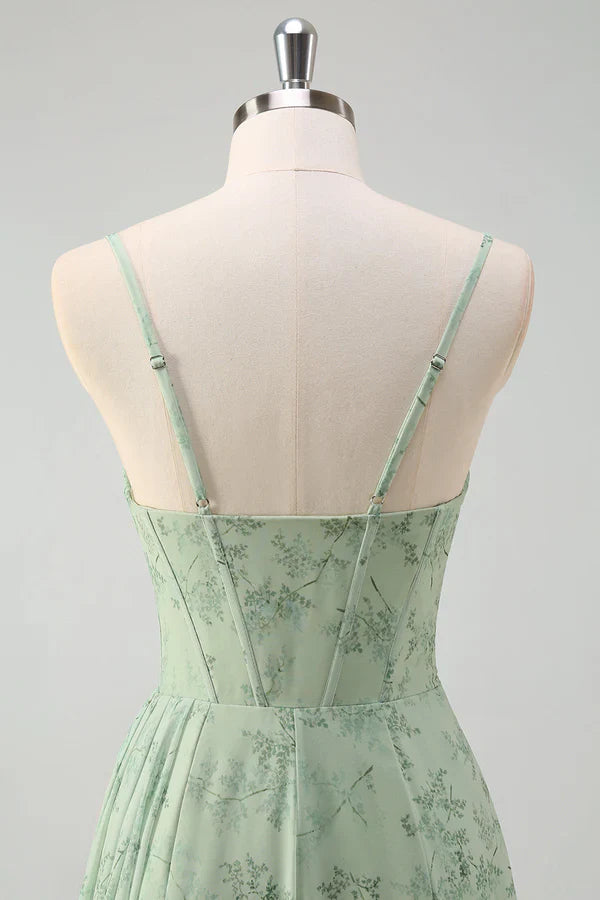 Artistic Floral Corset Ruched Long Prom Dress with Slit