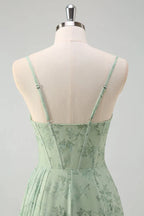 Artistic Floral Corset Ruched Long Prom Dress with Slit