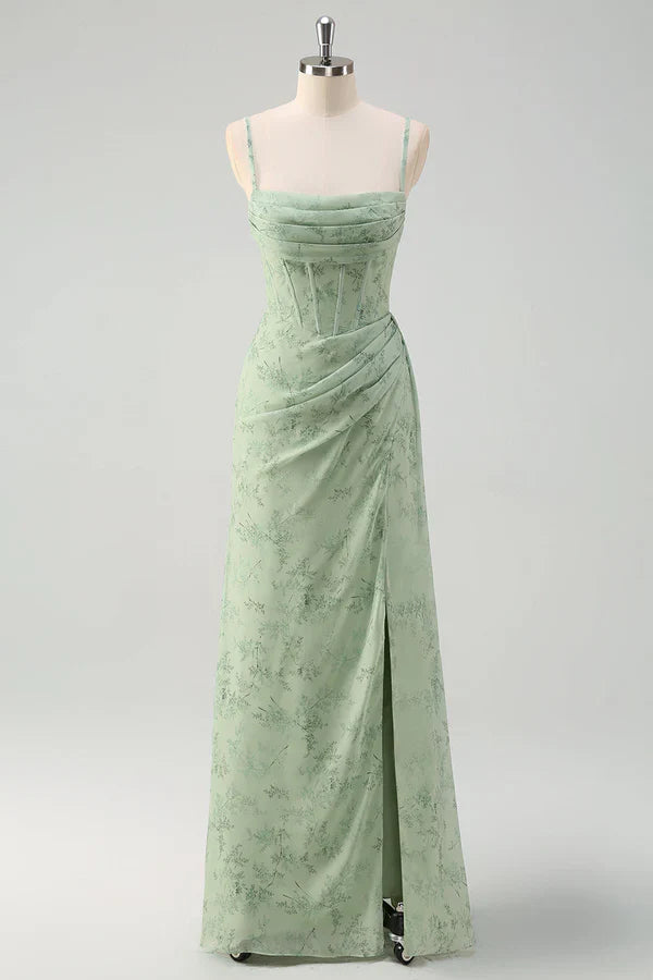 Artistic Floral Corset Ruched Long Prom Dress with Slit