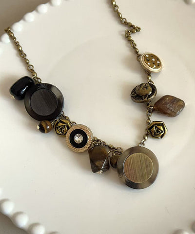 Collar vintage con borlas de piedra de ojo de tigre de cobre y oro 