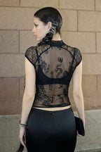 Hollow Out Stand Collar Sheer Lace Blouse
