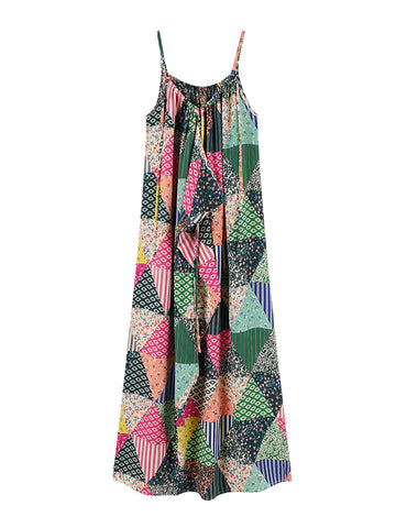 Women Summer Retro Triangle Floral Spliced Vest Dress