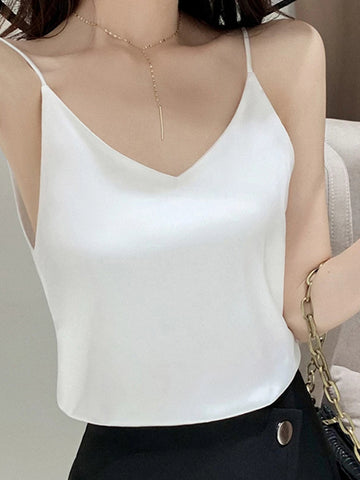 Camisola informal de satén liso con cuello en V sexy para mujer, camisetas sin mangas de gasa, top tipo camisola con cuello halter 