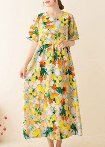 Túnicas italianas con estampado amarillo, cuello redondo, patchwork, vestidos de verano holgados 