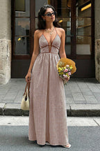 Slim Striped Halter Backless Beach Cami Maxi Dress