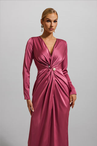 Solid Satin Faux Pearl Knotted Midi Dress