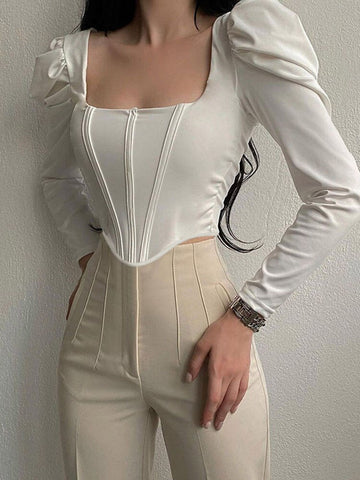 French Style Women Square Collar Irregular Crop Top Elegant Long Sleeve Solid Slim T-Shirt Lady Sexy Girdle Pullover Short Tee