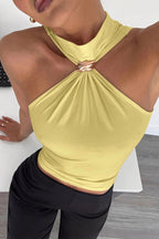 Cut Out Shoulder High Neck Stretch Tank Top