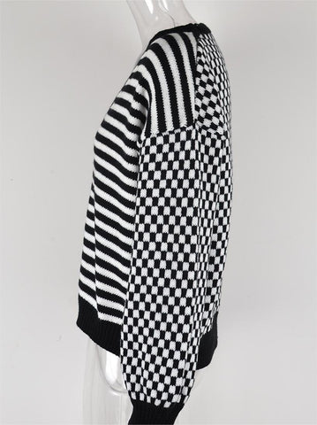 Cárdigan de punto con costura a cuadros y rayas para otoño e invierno para mujer 