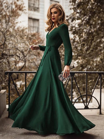 V-Neck Maxi Dress Strong Shoulder Belted A-Line Prom Dresses