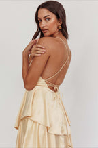 Satin V-Neck Cami Tiered Slim Maxi Dress