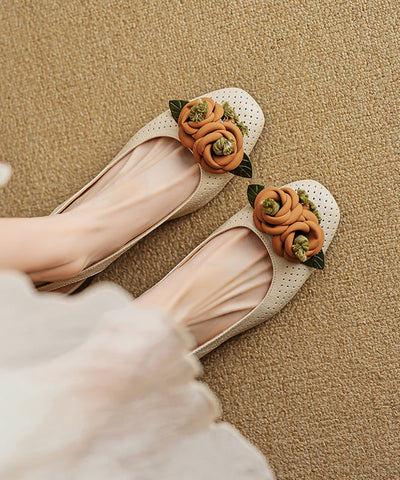 Beige Blumenmuster Chunky Schaffell Edle Splicing Sandalen Hollow Out 