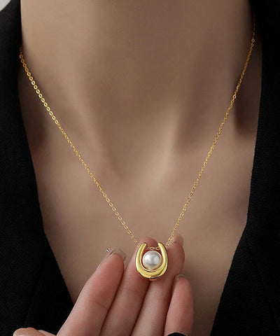 Elegante collar de lazo con perlas en forma de U y plata de ley dorada 